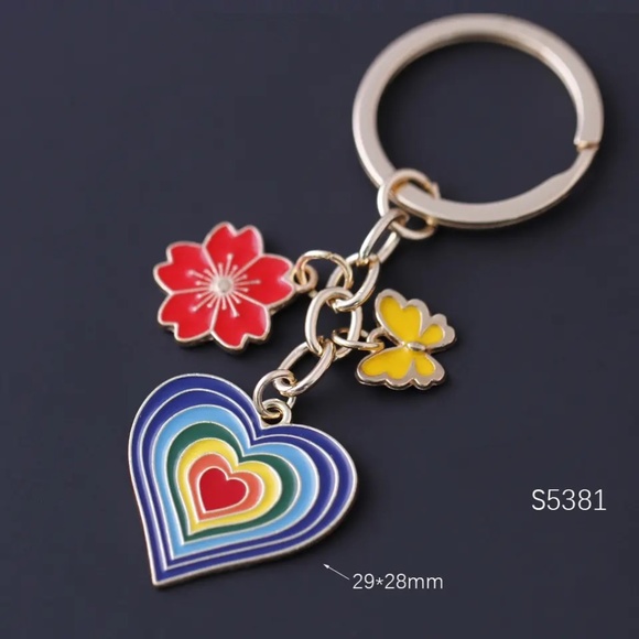 New Enameled Flower Butterfly Gold Tone Rainbow Heart Bag Charm Keychain - Picture 2 of 3